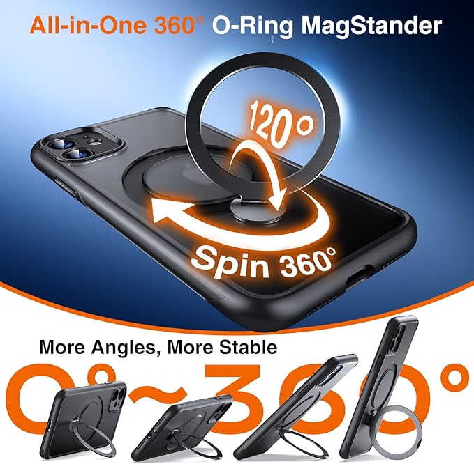 360° O-Ring MagStander for iPhone 11 Case with Magnetic Kickstand Ring Holder [Compatible with MagSafe][360°Rotate Stand Ring][Military Shockproof] Magnet iPhone 11 Phone Cover Matte Black