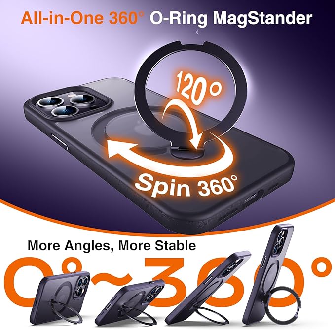 360° O-Ring MagStander for iPhone 14 Pro Case with Magnetic Kickstand Ring Holder [Compatible with MagSafe][360°Rotate Stand Ring][Military Shockproof] iPhone 14 Pro Phone Cover Matte Purple