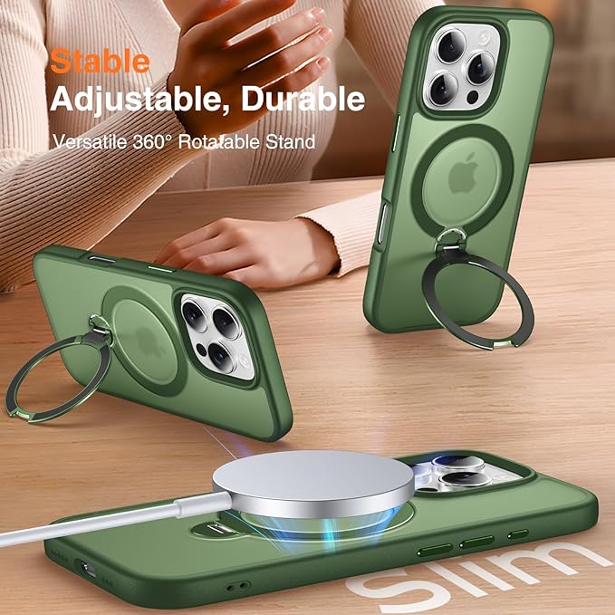 360° O-Ring MagStander for iPhone 15 Pro Case with Magnetic Kickstand Ring Holder [Compatible with MagSafe][360°Rotate Stand Ring][Military Shockproof] iPhone 15 Pro Phone Cover Matte Green