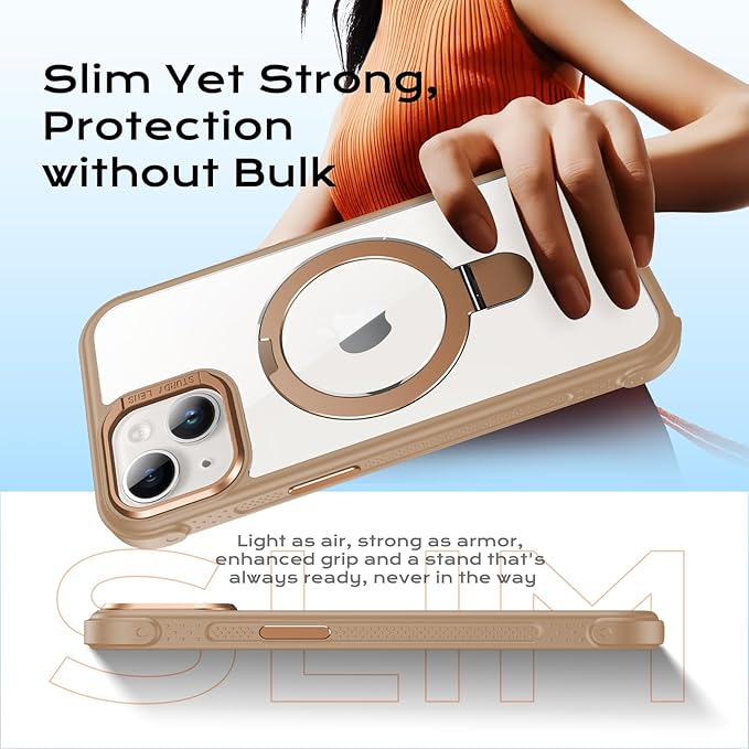 Anqrp O-Ring Magnetic Kickstand Clear Case for iPhone 14/13, Compatible with Mag-Safe, Military-Grade Reinforced 4-Corners Anti-Yellowing Transparent Phone Case Cover for iPhone 13/14, Gold