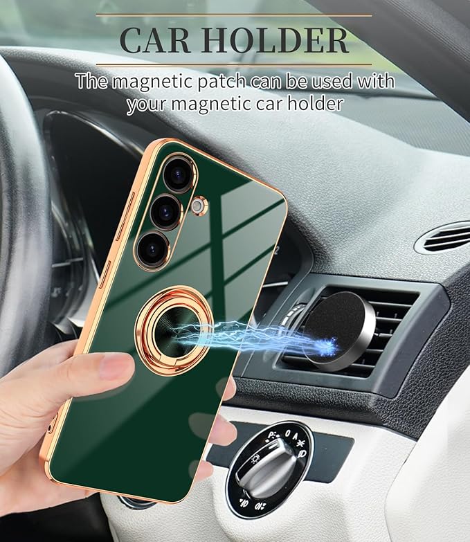 Dinick Green for Samsung Galaxy S24 Case with Ring Holder Kickstand [with Magnetic] Soft TPU Bumper, Glitter Gold Electroplated Cover Slim Thin Protective Phone Case for Galaxy S24