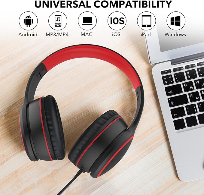 RORSOU R10 Kids Headphones Over-Ear with Microphone, Lightweight Folding Stereo Bass Headset with 1.5M No-Tangle Cord, Portable Wired Headphones for Smartphone Tablet Computer MP3 / 4 (Black)