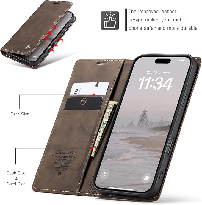 for iPhone 17 Case, Flip Wallet Leather Case with Card Holder Magnetic Closure Shockproof Kickstand Protective Phone Cases Cover for iPhone 17, Coffee