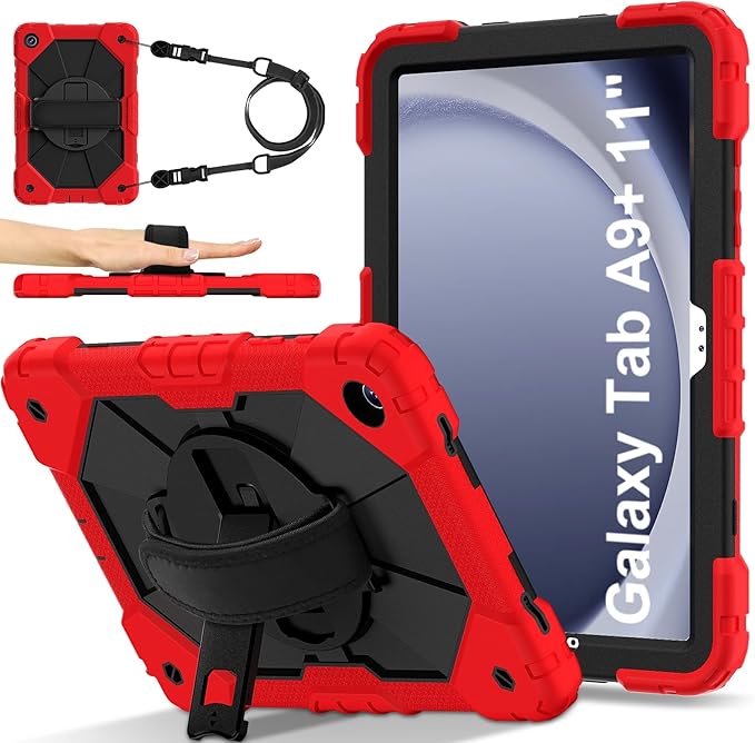 Case for Samsung Galaxy Tab A9+ 11 Inch 2023 (X210/X216/X218), Heavy Duty Shockproof Rugged 360 Rotating Hand Strap Protective Case for Galaxy Tab A9 Plus Tablet, Red+Black
