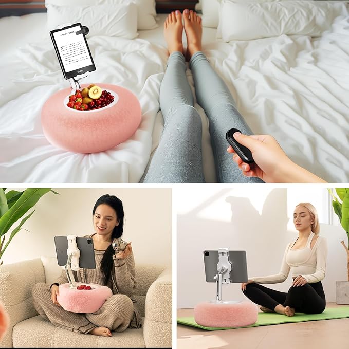 Tablet Pillow Stand for Reading, Adjustable Tablet Stand Phone Holder for Bed with Detachable Snack Bowl, Fits 4.7"-13" Kindle/Phones/Tablets, Watch Videos, Stream Media, Pink