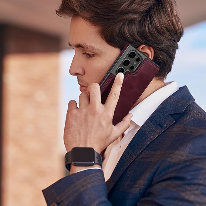 DJDUCK Designed for Samsung Galaxy S25 Ultra Case Wallet with Card Holder, [Magnetic Clasp Cover] [RFID Blocking Leather Protection] Shockproof Women Men Cases for Samsung S25 Ultra Wine Red