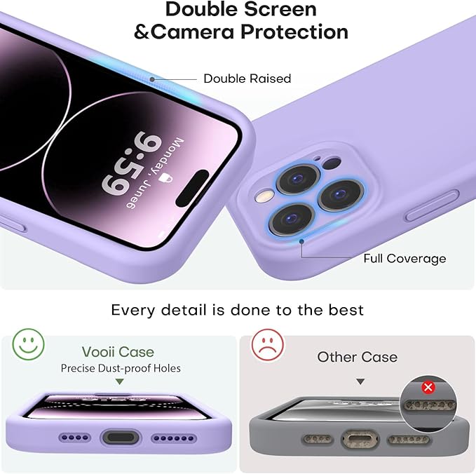 Vooii Compatible with iPhone 14 Pro Case, Liquid Silicone Upgrade [Camera Protection] [Soft Anti-Scratch Microfiber Lining] Shockproof Phone Case for iPhone 14 Pro 6.1 inch - Light Purple