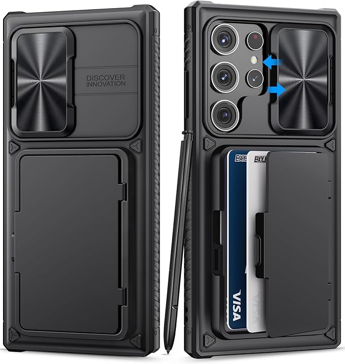 for Samsung Galaxy S23 Ultra Case with Card Holder & Kickstand & Slide Camera Protector, Military Grade Drop Shockproof Silicone Wallet Phone Case Cover for Galaxy S23 Ultra 5g 2023, Black