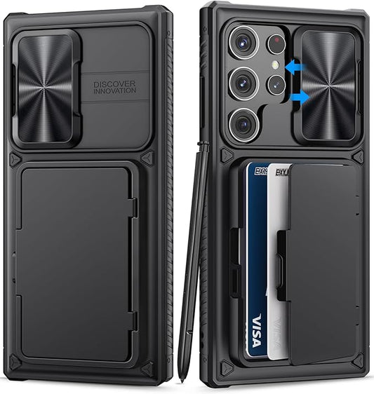 for Samsung Galaxy S23 Ultra Case with Card Holder & Kickstand & Slide Camera Protector, Military Grade Drop Shockproof Silicone Wallet Phone Case Cover for Galaxy S23 Ultra 5g 2023, Black