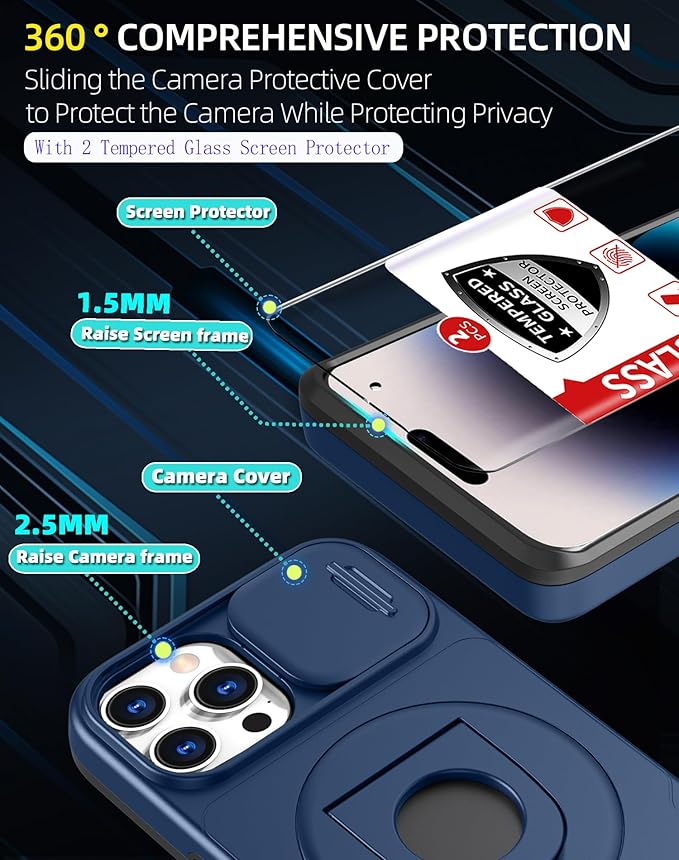for iPhone 14 Pro Max Case Compatible with MagSafe Magnetic,with 2 Screen Protector,with Camera Cover&360°Kickstand Ring,Military Grade Drop Shockproof Heavy Duty Protection Phone Bumper Blue