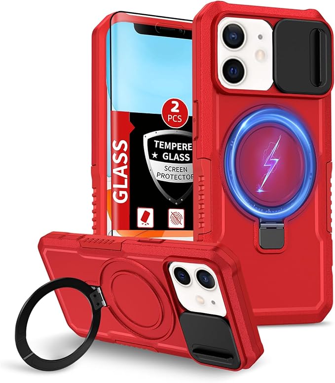 for iPhone 11 Case Magnetic Compatible with MagSafe Wireless Charging,with 2 Screen Protectors,for 11 Case Built-in Kickstand+Camera Cover Anti-Scratch Shockproof Heavy Duty Protection Red
