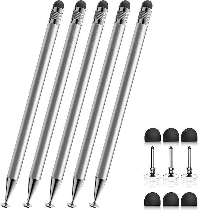 Bopomofo Stylus (5 Pcs), 2-in-1 Stylus Pen for Touchscreen, High Precision and Sensitivity, Suitable for iPhone/ipad/Android Tablets, Compatible with All Touch Screens,Silver