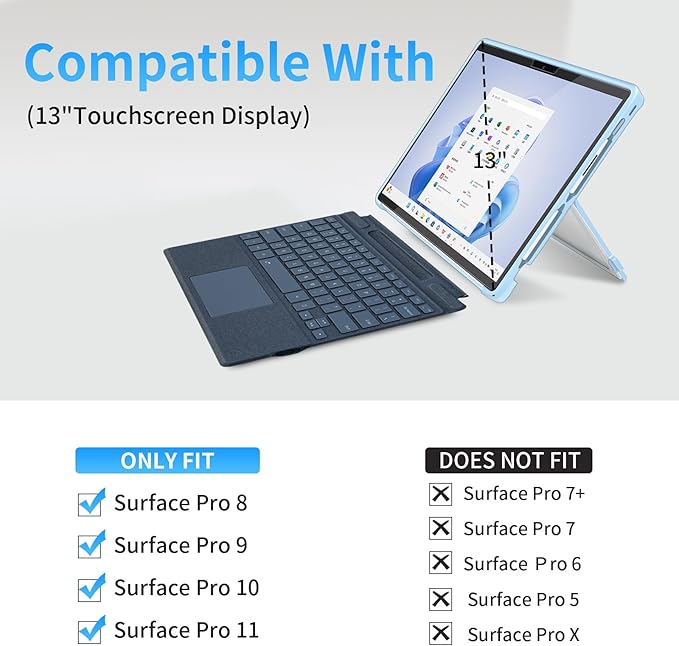 Case Updated Version fit Microsoft Surface Pro 11/10 /9/8 13-Inch, All-in-one Rugged Case Compatible with Type Cover Keyboards, Transparent&Light Blue