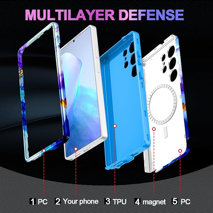 Casetego for Galaxy S25 Ultra Case,Compatible with MagSafe,[Military Grade Drop Test] Full Body Protection Slim Shockproof Rugged Marble Women Case for Samsung Galaxy S25 Ultra 6.9 inch,Azure Blue