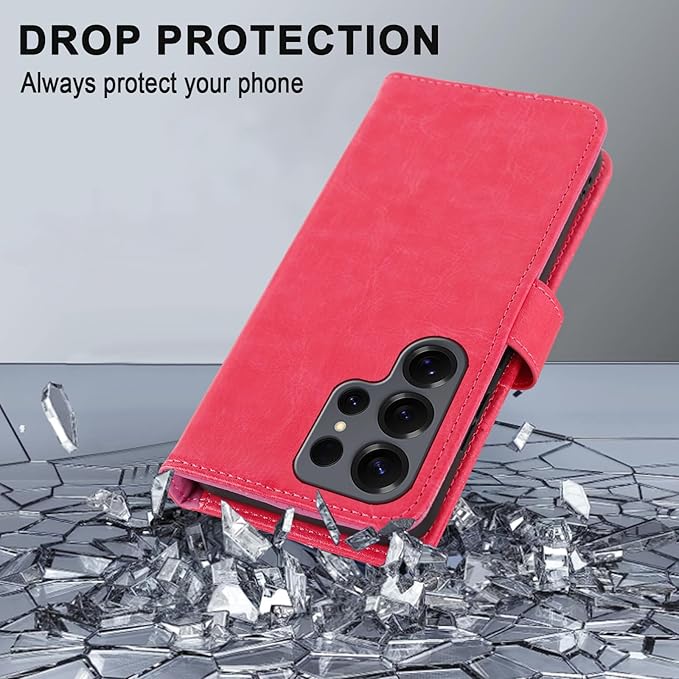 MONASAY Wallet Case Fit for Samsung Galaxy S25 Ultra 6.9 inch, [Lens & Glass Screen Protector Included] [RFID Blocking] Flip Folio Leather Cell Phone Cover with Credit Card Holder, Hot-Pink
