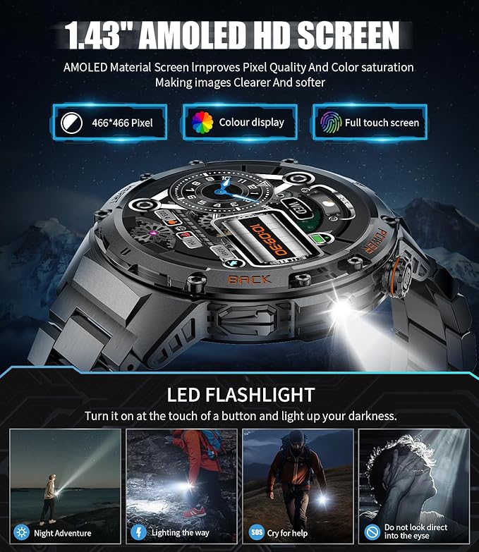 Military Smart Watch for Men, Flashlight 100+ Sports Modes Fitness Tracker Smartwatch, 1.43'' AMOLED Display, 5ATM Waterproof/Sleep Monitor, Mens Smart Watches for Android iOS