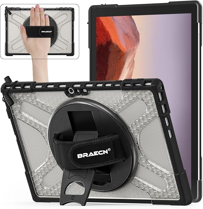 BRAECNstock for Microsoft Surface Pro 7+ Plus/ 7/6/ 5/4 Case 12.3 inch, Rugged Protective Cover with 360° Rotating Hand Strap & Stand, Pencil Holder, Compatible with Type Cover Keyboard, Clear