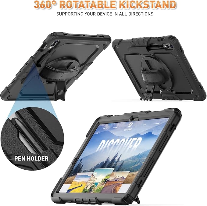 Timecity Case for Samsung Galaxy Tab S10 Plus/ S9 FE Plus/ S9 Plus 5G Tablet 12.4'' Case - Heavy Duty Protective Cover with Screen Protector, Stand, Shoulder Strap & S Pen Holder, Kids-Friendly, Black