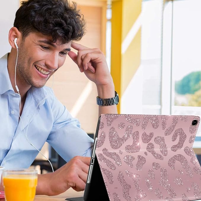 Samsung Galaxy Tab A9+ 11.2023 Case - Slim Fit Foldable Standing Cover with Auto Sleep/Wake, Rose Gold Leopard Glitter