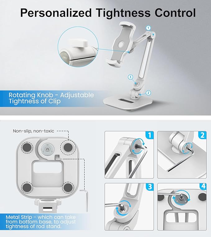 Adjustable Desk Tablet Stand, 360° Swivel iPad Kiosk Stand Fits for 4.7"-12" iPad Air mini Pro, iPhone, Samsung POS, Kindle, Aluminu Alloy Foldable Arm Holder for Store Kitchen Desktop, White