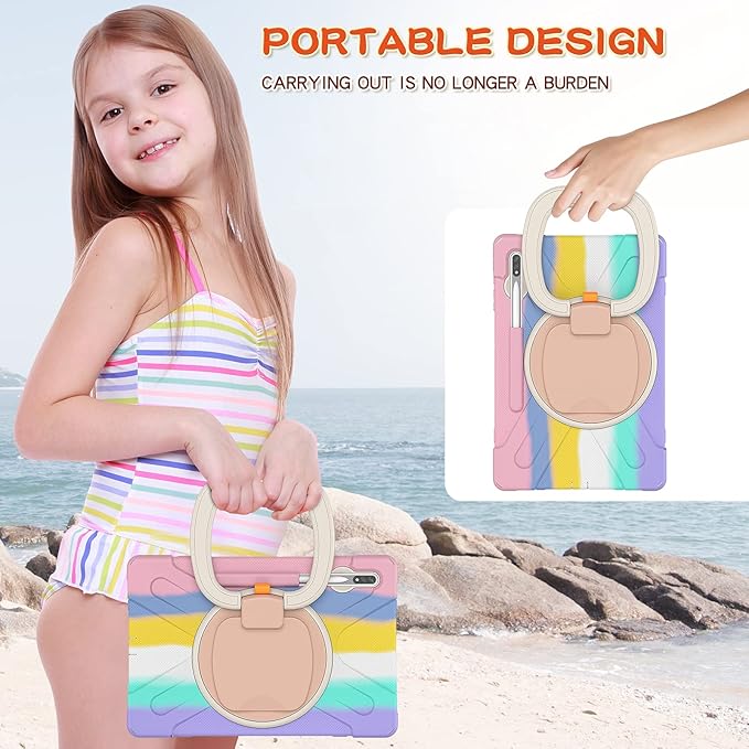360 Rotation Portable Case for Galaxy Tab S8+/S7 FE/S7+ 12.4 Inch Case with S Pen Holder Rugged Case Rotating Stand Hand Strap Shoulder Carrying Strap Outdoor Cover (Colourful Pink)