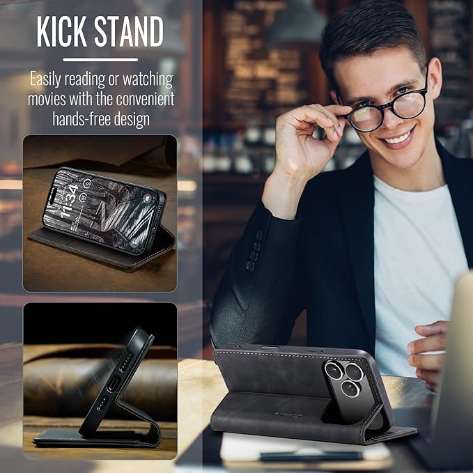 for iPhone 17 Pro Max Case, Flip Wallet Leather Case with Card Holder Magnetic Closure Shockproof Kickstand Protective Phone Cases Cover for iPhone 17 Pro Max, Black