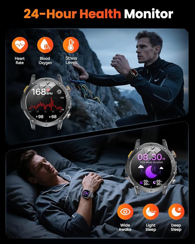 Military Smart Watches for Men, 1.7″ Smart Watch with 1000 mAh Battery, Led Flashlight, Answer/Make Calls, IP68 Waterproof, Heart Rate/Sleep Monitor 100+ Sport Modes Fitness Watch for Android/iPhone