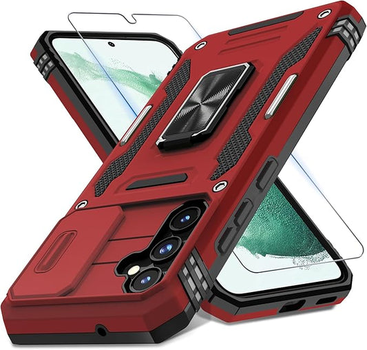 DEERLAMN Case for Samsung Galaxy S23 FE 6.4-Inch with Slide Camera Cover+Screen Protector(1 Pack),Rotated Ring Kickstand Military Grade Shockproof Protective Cover-Red