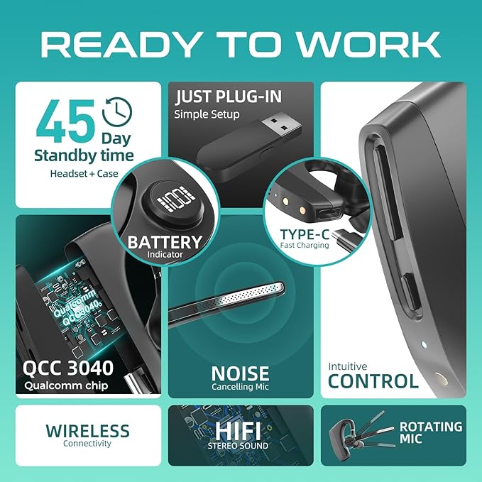 Bluetooth Headset Wireless Earpiece with 450mAh Charging Case Noise Canceling Mic for PC Computer, Laptop, Cell Phones, Remote Work, Call Center, Trucker Work, Trucker Work