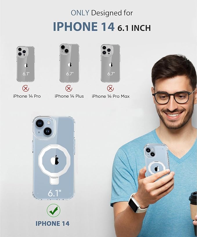 Compatible with iPhone 14 Case, Built-in Screen Protector & Seamless Stand, with Camera Lens Protector, Strong Magnetic Clear Phone Case, Full Body Protective Cover for 6.1" (Clear)