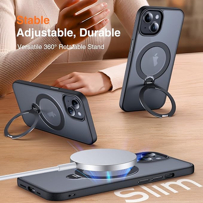 360° O-Ring MagStander for iPhone 15 Case with Magnetic Kickstand Ring Holder [Compatible with MagSafe][360°Rotate Stand Ring][Military Shockproof] Magnet iPhone 15 Phone Cover Matte Black
