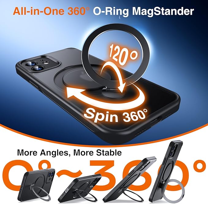 360° O-Ring MagStander for iPhone 12 Case, iPhone 12 Pro Case with Magnetic Stand Ring Holder [Compatible with MagSafe] [Military Shockproof] Kickstand iPhone 12/12 Pro Phone Cover Black