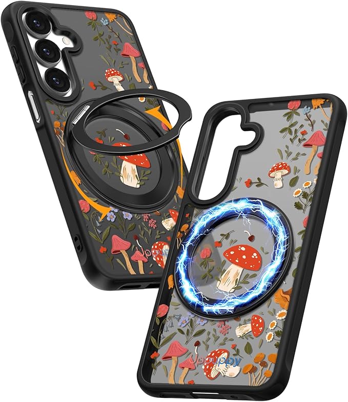 for Samsung Galaxy A16 4G/5G Case with 360° Rotatable Magnetic Ring - Semi-Transparent Anti-Fingerprint Soft-Touch Material Shockproof, Cute Mushroom Design for Women Girl