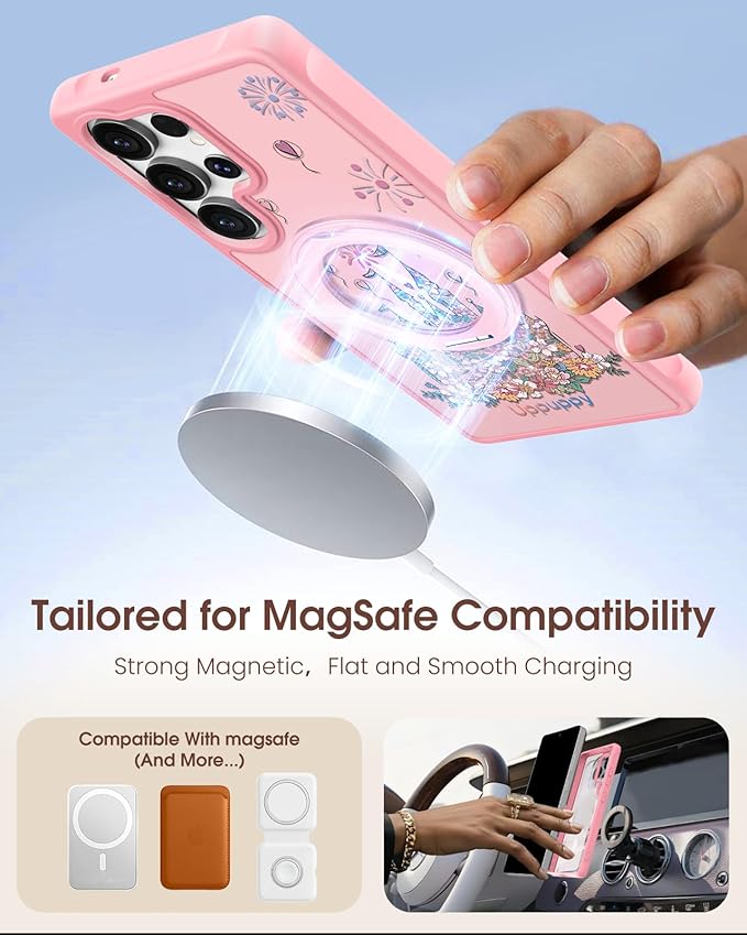 for Samsung Galaxy S25 Ultra Case with 360° Rotatable Magnetic Ring - Compatible with MagSafe, Semi-Transparent Soft-Touch Material Shockproof, Cute Pink Castle Design for Women Girl