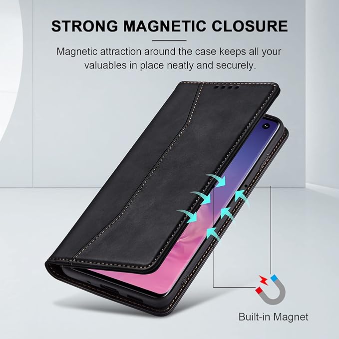 Jasonyu Flip Wallet Case for Samsung Galaxy S10,Leather Magnetic Folio Cover with Card Holder,Kickstand - TPU Shockproof Durable Protective Phone Case,Black