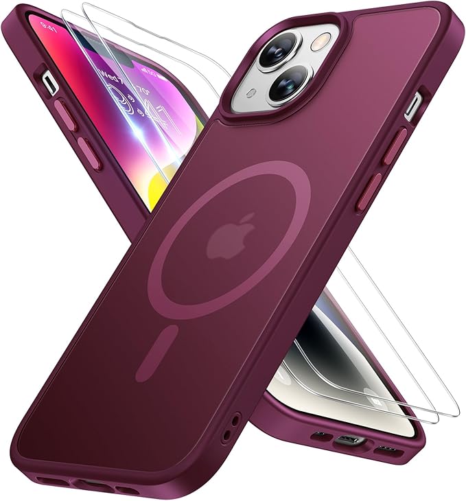 Miracase Magnetic for iPhone 14 Case 6.1 inch (Compatible with MagSafe)（with 2X Screen Protectors） Military-Grade Protection, Anti-Fingerprint Translucent Matte Phone Case Cover, Wine Red