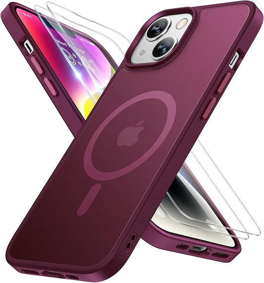 Miracase Magnetic for iPhone 14 Case 6.1 inch (Compatible with MagSafe)（with 2X Screen Protectors） Military-Grade Protection, Anti-Fingerprint Translucent Matte Phone Case Cover, Wine Red
