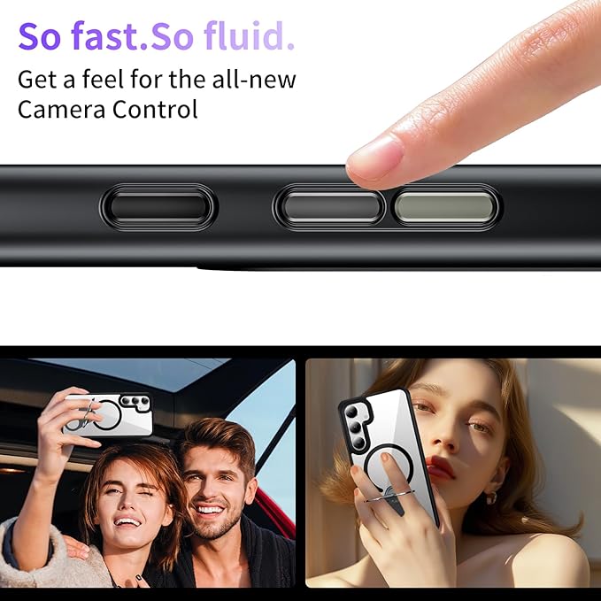 for Samsung Galaxy S24+ (Plus) Case Clear with Ring Holder,Kickstand 360°Rotatable Invisible Magnetic Built-in Stand [Compatible with MagSafe] [Drop Protection] Slim Soft Edge Cover,Black