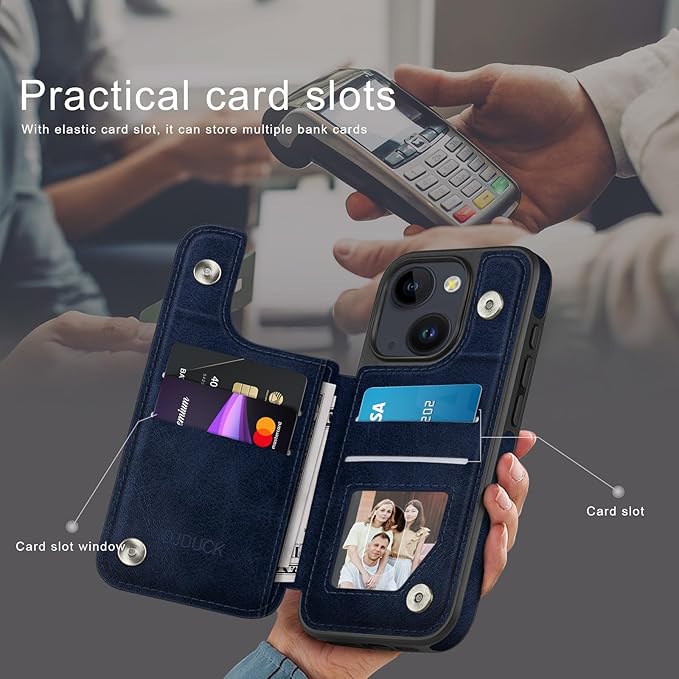 DJDUCK Designed for iPhone 14 Case Wallet with Card Holder, [Magnetic Clasp Cover] [RFID Blocking Leather Protection] Shockproof Women Men Cases 6.1 Inch for Apple 14 Dark Blue