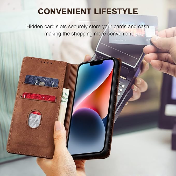 Jasonyu Flip Wallet Case for iPhone 14 Plus 5G,Leather Magnetic Folio Cover with Card Holder,Kickstand - TPU Shockproof Durable Protective Phone Case,Brown