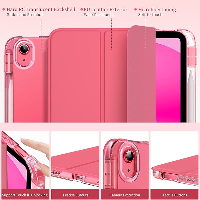 MoKo for iPad (A16) 11th Generation Case 11 Inch 2025, iPad 10th Gen Case 10.9 Inch 2022 with Pencil Holder, Slim Light Trifold Protective Cover with Hard PC Translucent Back Shell, Watermelon Pink