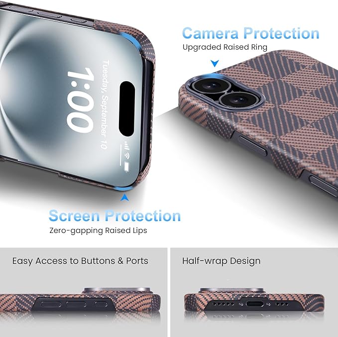 Aramid Fiber for iPhone 16 Plus Case,Compatible with Magnet,Slim & Light for iPhone 16 Plus, Case-Less Touch Feeling,Checkerboard