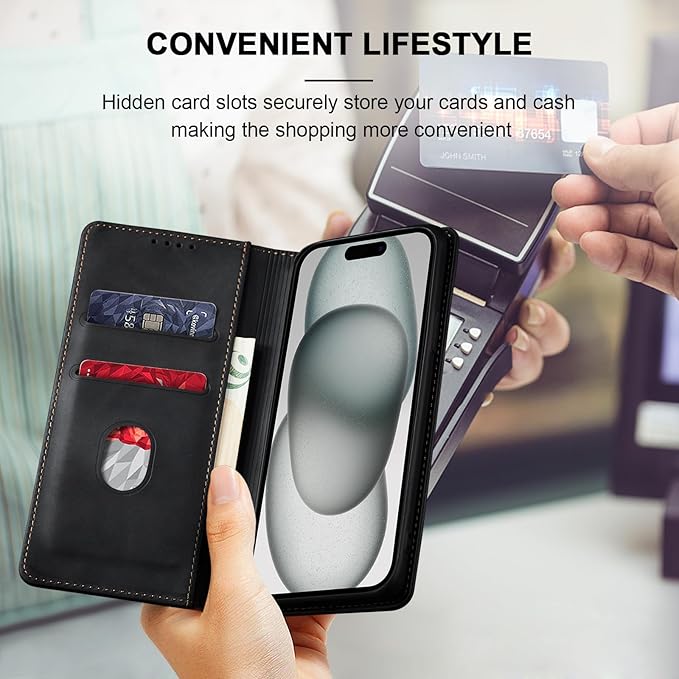 Jasonyu Flip Wallet Case for iPhone 15 Plus,Leather Magnetic Folio Cover with Card Holder,Kickstand - TPU Shockproof Durable Protective Phone Case,Black