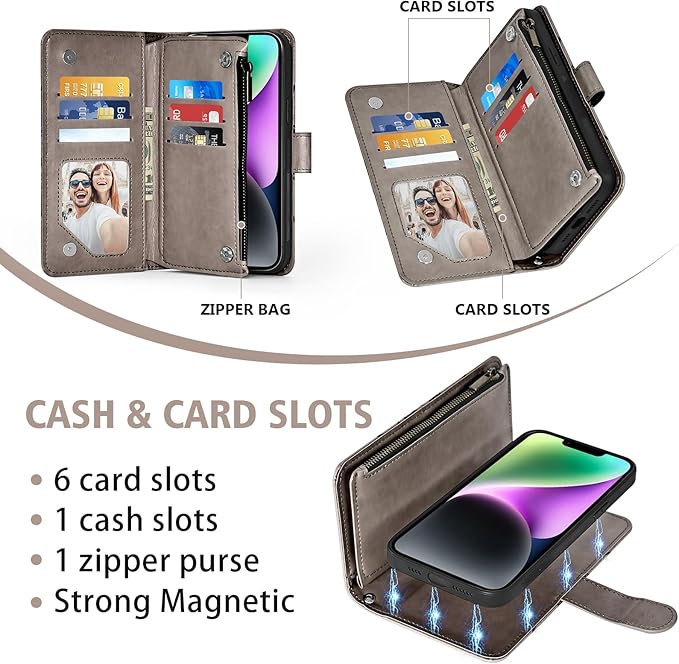 Asuwish Phone Case for iPhone 14 6.1 inch Zipper Wallet Detachable Cell Cover with Tempered Glass Screen Protector Crossbody Strap Flower Card Holder iPhone14 5G i i-Phone i14 14Case Women Girls Gray