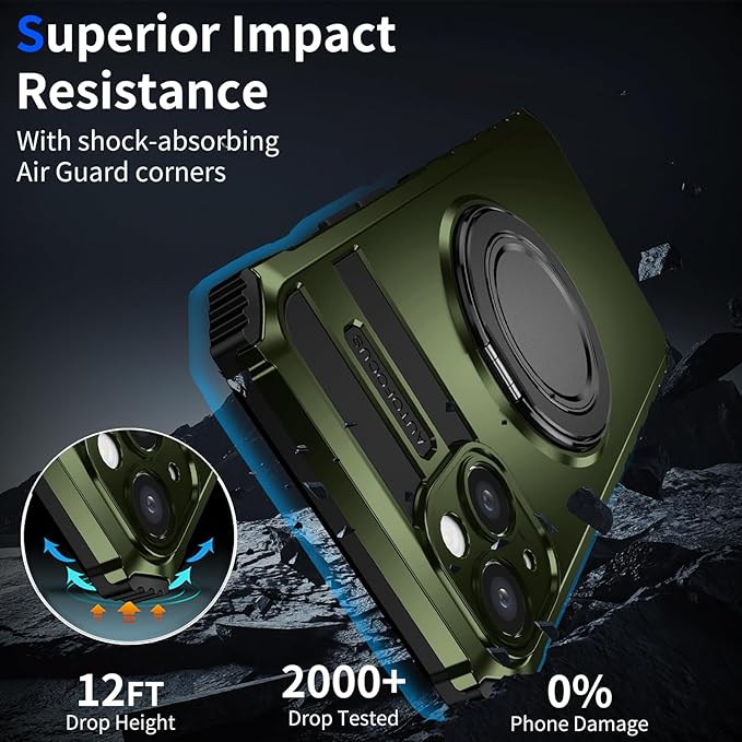 for iPhone 13 Case Magnetic Compatible with MagSafe Wireless Charging,with 2 Screen Protectors,Built-in 360°Kickstand Ring,Military Grade Drop Shockproof Heavy Duty Protection Phone Men Blue