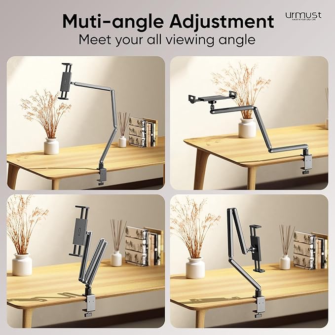Urmust Tablet Stand for Desk, Adjustable iPad Holder Clamp Mount, 360° Rotation, Sturdy Aluminum Tablet Arm Mount for 4.7"-13" iPad Pro/Air/Mini, iPhone, Galaxy Tab, for Kitchen, Work, Video Call