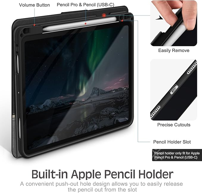 KingBlanc Case for iPad Pro 11 inch (M4) 2024 with Pencil Holder, Vegan Leather Smart Stand Cover, Auto Sleep Wake, Support Pencil Pro/(USB-C), Angles for Viewing/Writing, Durable Protection, Black