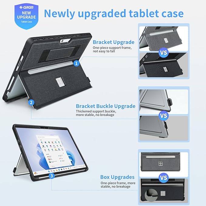 Case fit Microsoft Surface Pro 11/10/9/8 13-Inch, with Stent Cover, Hand Strap, All-in-one Rugged Case Compatible with Type Cover Keyboards, Black