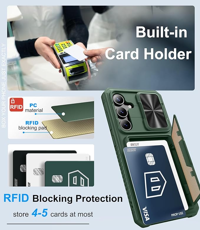 for Samsung Galaxy S25 FE Wallet Case, Credit Card Holder (4-5 Cards), Slide Lens Cover, Military Drop Protection, Rugged Heavy Duty Women Men Protective Phone Case for Galaxy S25 FE 6.7", Green