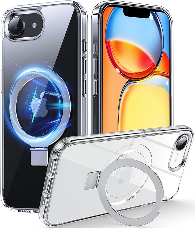 3-in-1 [Magnetic+Kickstand+Ring Holder] for iPhone 16e Case 2025 Stand Ring Holder Compatible with MagSafe, Military Shockproof Protective iPhone 16e Phone Case Kickstand Cover Clear